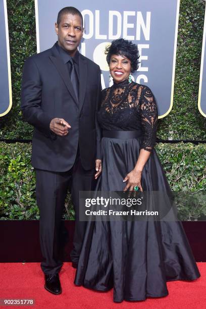 Actor Denzel Washington and Pauletta Washington attend The 75th Annual Golden Globe Awards at The Beverly Hilton Hotel on January 7, 2018 in Beverly...