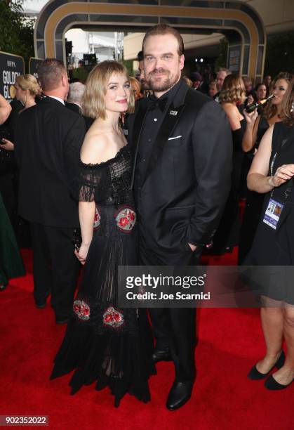 Actor Alison Sudol and David Harbour celebrate The 75th Annual Golden Globe Awards with Moet & Chandon at The Beverly Hilton Hotel on January 7, 2018...