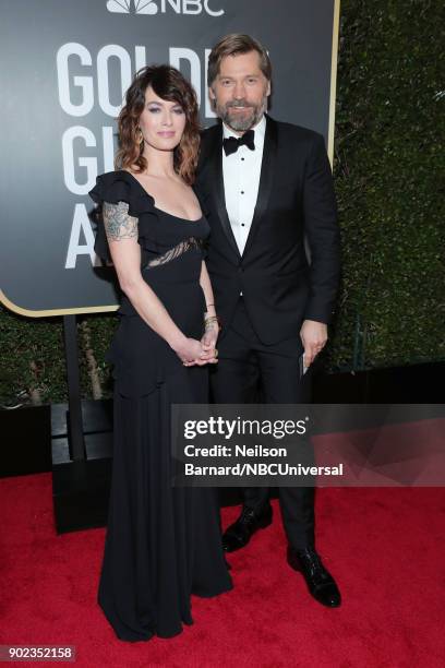 75th ANNUAL GOLDEN GLOBE AWARDS -- Pictured: Actors Lena Headey and Nukaaka Coster-Waldau arrive to the 75th Annual Golden Globe Awards held at the...