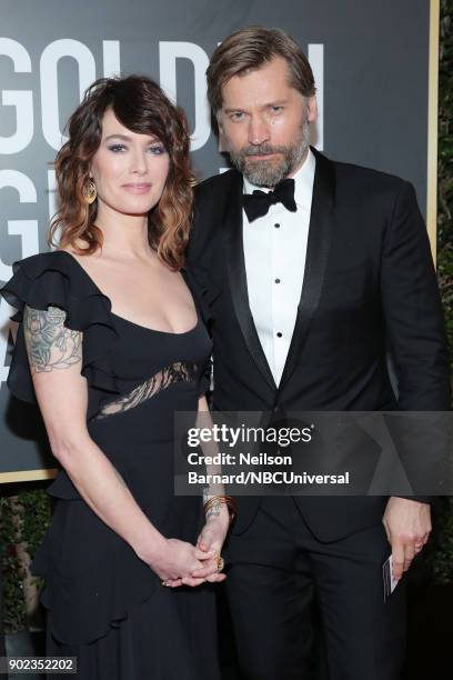 75th ANNUAL GOLDEN GLOBE AWARDS -- Pictured: Actors Lena Headey and Nukaaka Coster-Waldau arrive to the 75th Annual Golden Globe Awards held at the...