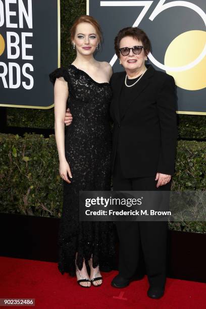 Emma Stone and Billie Jean King attend The 75th Annual Golden Globe Awards at The Beverly Hilton Hotel on January 7, 2018 in Beverly Hills,...