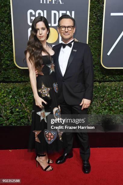 Actor Christian Slater and Brittany Lopez attend The 75th Annual Golden Globe Awards at The Beverly Hilton Hotel on January 7, 2018 in Beverly Hills,...