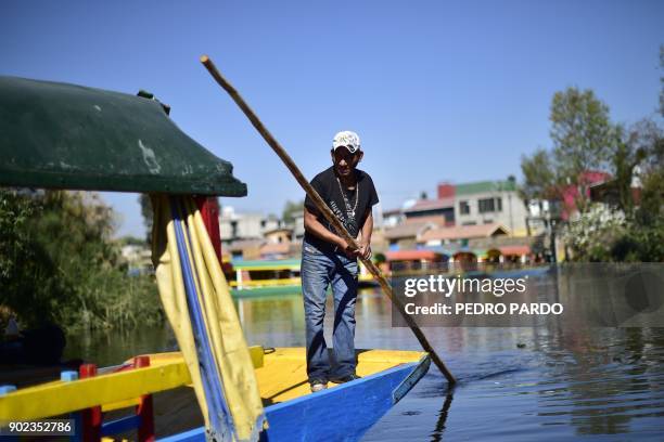 Rower paddles on board of a "trajinera" -traditional flat-bottomed river boat- at Xochimilco natural reserve in Mexico City on January 7, 2018....