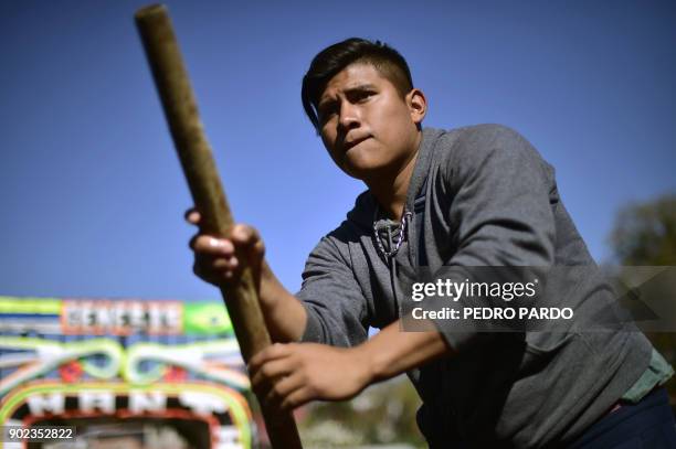 Rower paddles on board of a "trajinera" -traditional flat-bottomed river boat- at Xochimilco natural reserve in Mexico City on January 7, 2018....