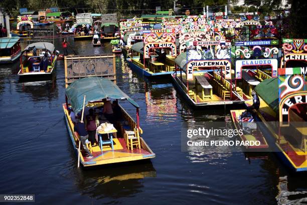 General view of a canal and its traditional "trajineras" -flat-bottomed river boats- at Xochimilco natural reserve in Mexico City on January 7, 2018....