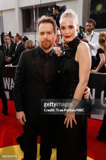 75th ANNUAL GOLDEN GLOBE AWARDS -- Pictured: Actors Sam Rockwell and Leslie Bibb arrive to the 75th Annual Golden Globe Awards held at the Beverly...