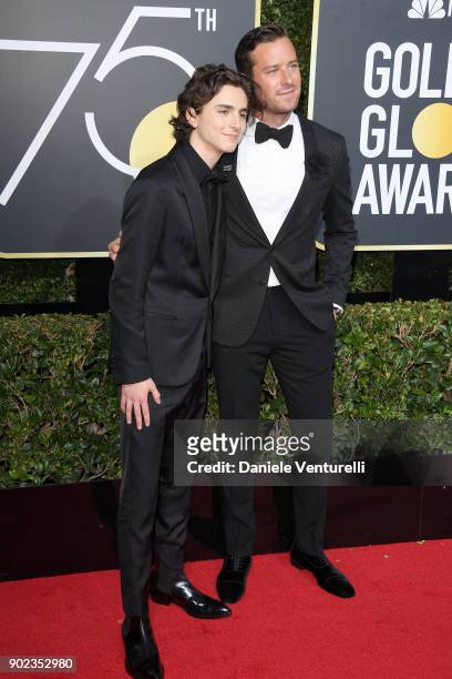 Actors Timothee Chalamet and Armie Hammer attend The 75th Annual Golden Globe Awards at The Beverly Hilton Hotel on January 7, 2018 in Beverly Hills,...