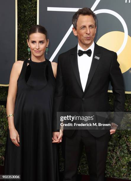 Seth Meyers and Alexi Ashe attend The 75th Annual Golden Globe Awards at The Beverly Hilton Hotel on January 7, 2018 in Beverly Hills, California.