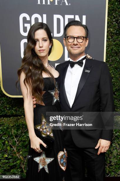 Actor Christian Slater and Brittany Lopez attend The 75th Annual Golden Globe Awards at The Beverly Hilton Hotel on January 7, 2018 in Beverly Hills,...