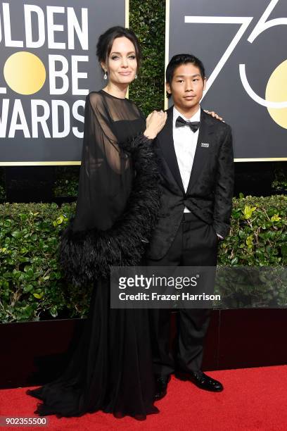 Actor/director Angelina Jolie and Pax Thien Jolie-Pitt attend The 75th Annual Golden Globe Awards at The Beverly Hilton Hotel on January 7, 2018 in...