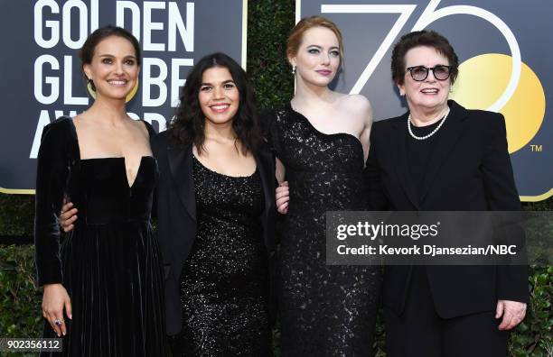 75th ANNUAL GOLDEN GLOBE AWARDS -- Pictured: Actors Natalie Portman, America Ferrera, Emma Stone and former tennis player Billie Jean King arrive to...