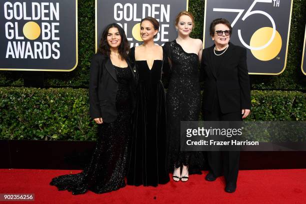 Actors America Ferrera, Natalie Portman and Emma Stone, and former tennis player Billie Jean King attend The 75th Annual Golden Globe Awards at The...