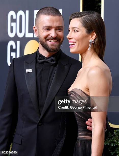 Singer-songwriter Justin Timberlake and Actor Jessica Biel attend The 75th Annual Golden Globe Awards at The Beverly Hilton Hotel on January 7, 2018...