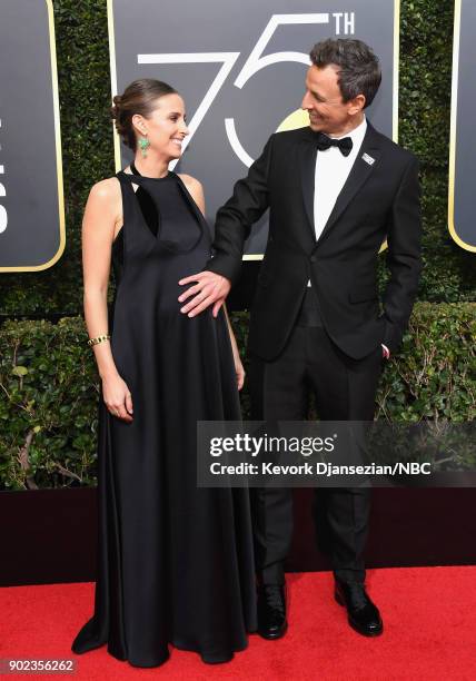 75th ANNUAL GOLDEN GLOBE AWARDS -- Pictured: Alexi Ashe and host Seth Meyers arrive to the 75th Annual Golden Globe Awards held at the Beverly Hilton...