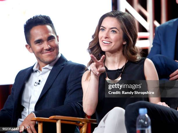 Actors Carlos PenaVega and Brooke Lyons of the television show "Life Sentence" speak on stage during the CW portion of the 2018 Winter Television...