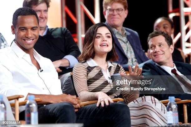 Bill Lawrence, Oliver Goldstick, Nadej Bailey, Elliot Knight, Lucy Hale and Dylan Walsh of the television show "Life Sentence" speak on stage during...