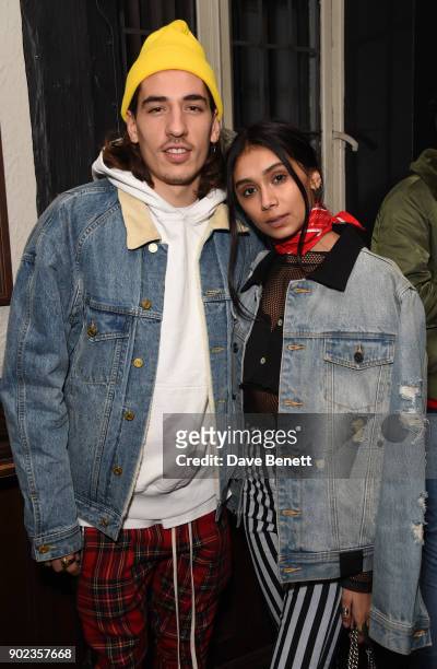 Hector Bellerin and Shree Patel attend the LFWM Official Party & Pub Lock-In during London Fashion Week Men's January 2018 at The George on January...