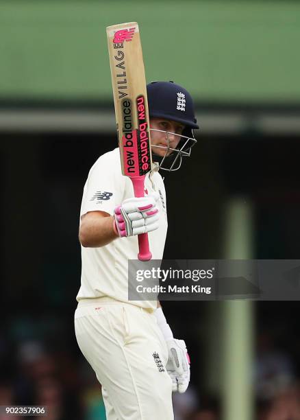 Joe Root of England acknowledges the crowd after scoring a half century during day five of the Fifth Test match in the 2017/18 Ashes Series between...