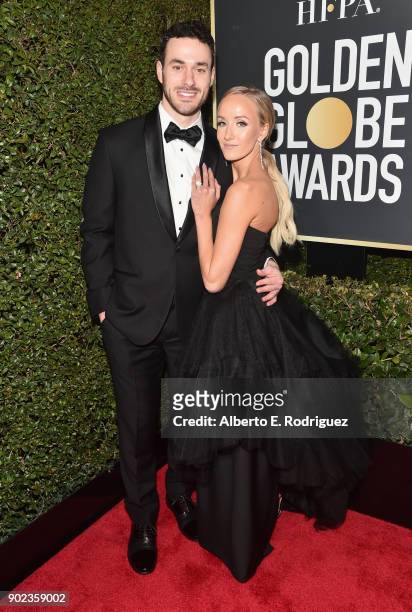 Olympic Medalist Nastia Liukin and Matt Lombardi attend The 75th Annual Golden Globe Awards at The Beverly Hilton Hotel on January 7, 2018 in Beverly...
