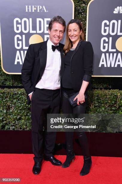 Actor Hugh Grant and Anna Eberstein attend The 75th Annual Golden Globe Awards at The Beverly Hilton Hotel on January 7, 2018 in Beverly Hills,...