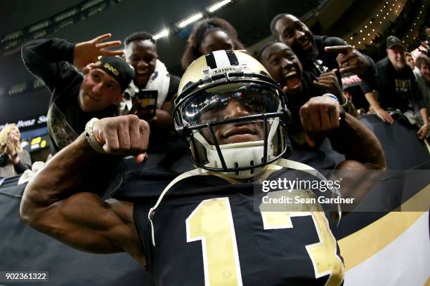 Michael Thomas of the New Orleans Saints reacts after his team defeated the Carolina Panthers during the NFC Wild Card playoff game at the...