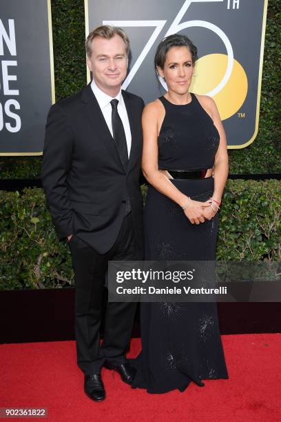 Director Christopher Nolan and producer Emma Thomas attend The 75th Annual Golden Globe Awards at The Beverly Hilton Hotel on January 7, 2018 in...