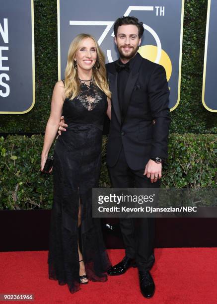 75th ANNUAL GOLDEN GLOBE AWARDS -- Pictured: Filmmaker Sam Taylor-Johnson and actor Aaron Taylor-Johnson arrive to the 75th Annual Golden Globe...