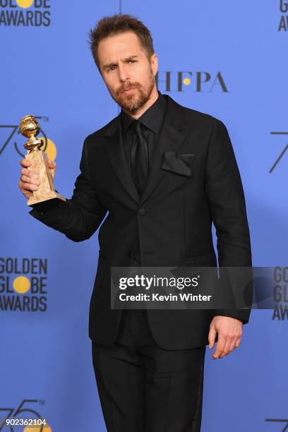 Actor Sam Rockwell holds his award for Best Performance by an Actor in a Supporting Role in any Motion Picture in the press room during The 75th...