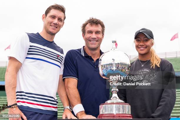 Destanee Aiava , Matt Ebden and Pat Cash pose for a photo ahead of tomorrow's 2018 Kooyong Classic at Kooyong on January 8, 2018 in Melbourne,...