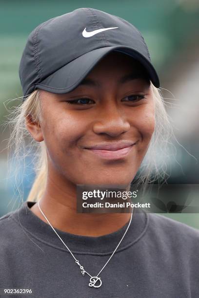 Destanee Aiava speaks to the media ahead of tomorrow's 2018 Kooyong Classic at Kooyong on January 8, 2018 in Melbourne, Australia.