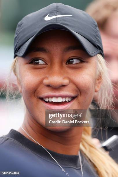 Destanee Aiava speaks to the media ahead of tomorrow's 2018 Kooyong Classic at Kooyong on January 8, 2018 in Melbourne, Australia.