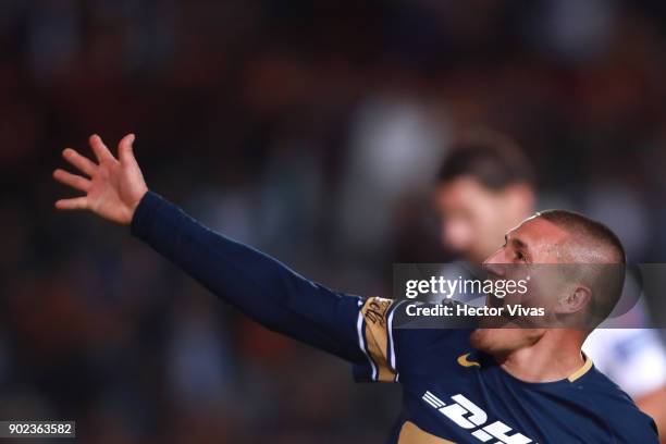 Nicolas Castillo of Pumas celebrates after scoring the third goal of his team during the first round match between Pachuca and Pumas UNAM as part of...