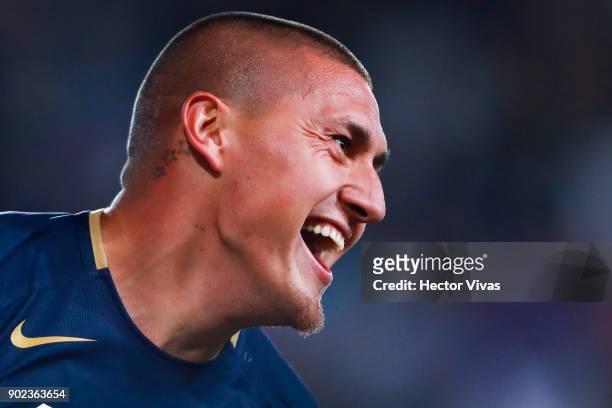 Nicolas Castillo of Pumas celebrates after scoring the third goal of his team during the first round match between Pachuca and Pumas UNAM as part of...