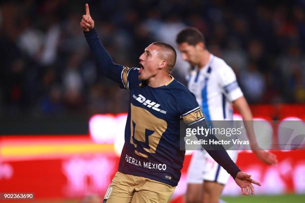 Nicolas Castillo of Pumas celebrates after scoring the third goal of his team during the first round match between Pachuca and Pumas UNAM as part of...