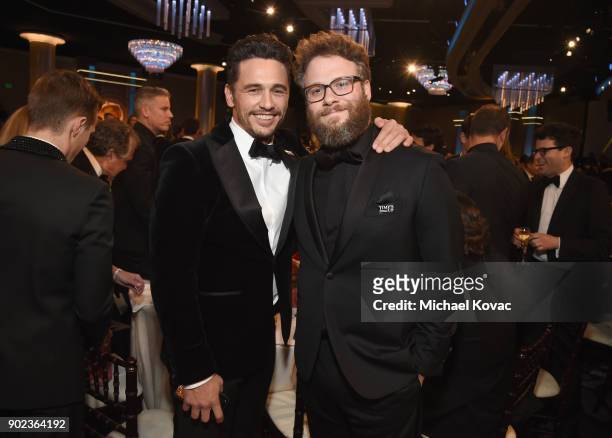 Actors/filmmakers James Franco and Seth Rogen celebrate The 75th Annual Golden Globe Awards with Moet & Chandon at The Beverly Hilton Hotel on...