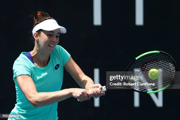 Nina Stojanovic of Serbia plays a backhand during her singles match against Jaimee Fourlis of Australia during 2018 Hobart International at Domain...