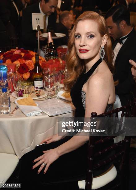 Actor Jessica Chastain celebrates The 75th Annual Golden Globe Awards with Moet & Chandon at The Beverly Hilton Hotel on January 7, 2018 in Beverly...