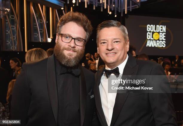 Actor Seth Rogen and Netflix Chief Content Officer Ted Sarandos celebrates The 75th Annual Golden Globe Awards with Moet & Chandon at The Beverly...