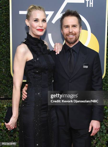 75th ANNUAL GOLDEN GLOBE AWARDS -- Pictured: Actors Leslie Bibb and Sam Rockwell arrive to the 75th Annual Golden Globe Awards held at the Beverly...