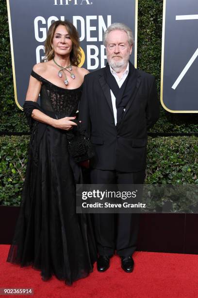 Giannina Facio and Ridley Scott attend The 75th Annual Golden Globe Awards at The Beverly Hilton Hotel on January 7, 2018 in Beverly Hills,...