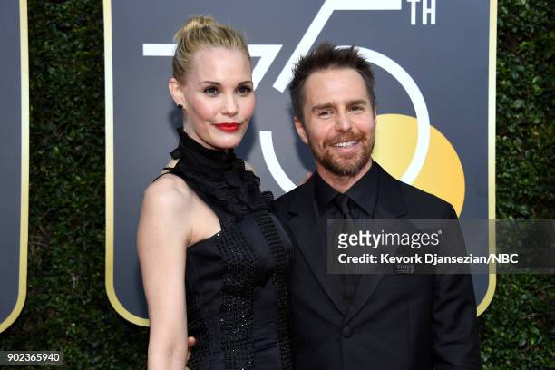 75th ANNUAL GOLDEN GLOBE AWARDS -- Pictured: Actors Leslie Bibb and Sam Rockwell arrive to the 75th Annual Golden Globe Awards held at the Beverly...