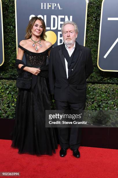 Giannina Facio and Ridley Scott attend The 75th Annual Golden Globe Awards at The Beverly Hilton Hotel on January 7, 2018 in Beverly Hills,...