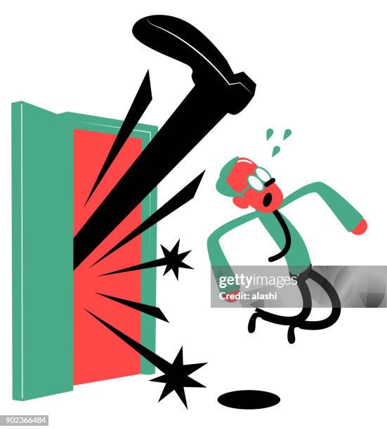 geschäftsmann, das boot, mann aus der tür getreten! mann aus executive job gezwungen, gefeuert, kick entfernt! raus hier! - treten arsch stock-grafiken, -clipart, -cartoons und -symbole