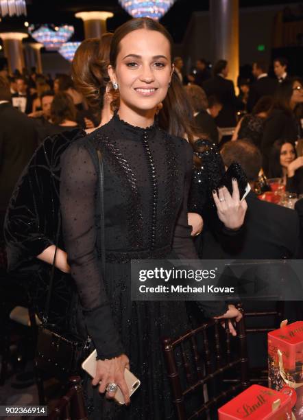 Actor Alicia Vikander celebrates The 75th Annual Golden Globe Awards with Moet & Chandon at The Beverly Hilton Hotel on January 7, 2018 in Beverly...