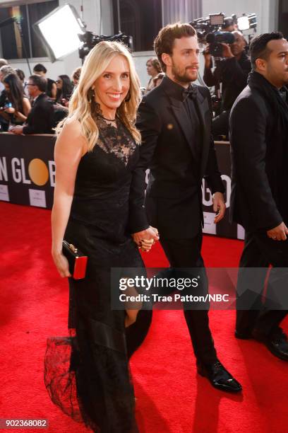 75th ANNUAL GOLDEN GLOBE AWARDS -- Pictured: Sam Taylor-Johnson and actor Aaron Taylor-Johnson arrive to the 75th Annual Golden Globe Awards held at...