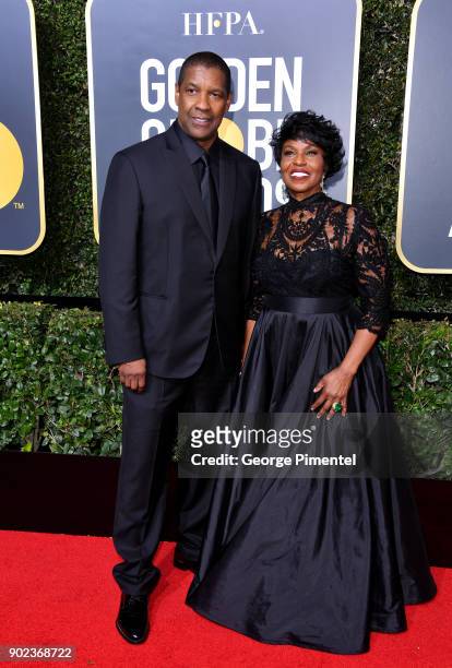Actor Denzel Washington and Pauletta Washington attend The 75th Annual Golden Globe Awards at The Beverly Hilton Hotel on January 7, 2018 in Beverly...
