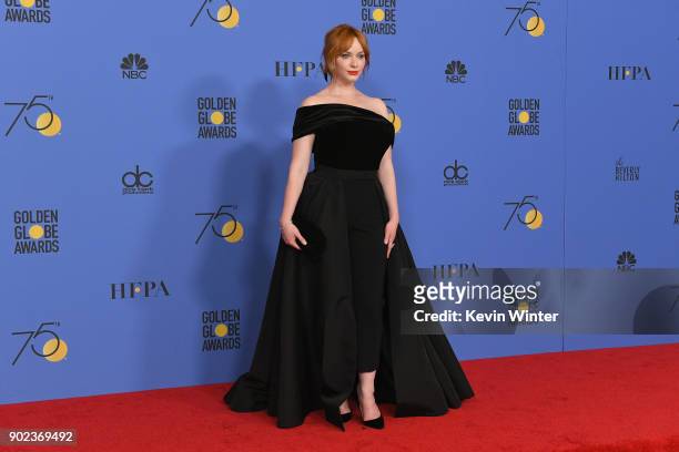 Actor Christina Hendricks poses in the press room during The 75th Annual Golden Globe Awards at The Beverly Hilton Hotel on January 7, 2018 in...