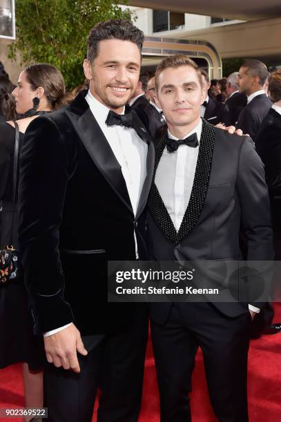 Actors James Franco and Dave Franco attend The 75th Annual Golden Globe Awards at The Beverly Hilton Hotel on January 7, 2018 in Beverly Hills,...