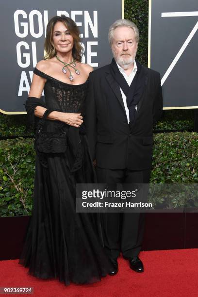 Director Ridley Scott and Giannina Facio attend The 75th Annual Golden Globe Awards at The Beverly Hilton Hotel on January 7, 2018 in Beverly Hills,...