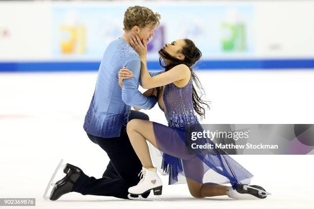 Madison Chock and Evan Bates compete in the Free Dance during the 2018 Prudential U.S. Figure Skating Championships at the SAP Center on January 7,...